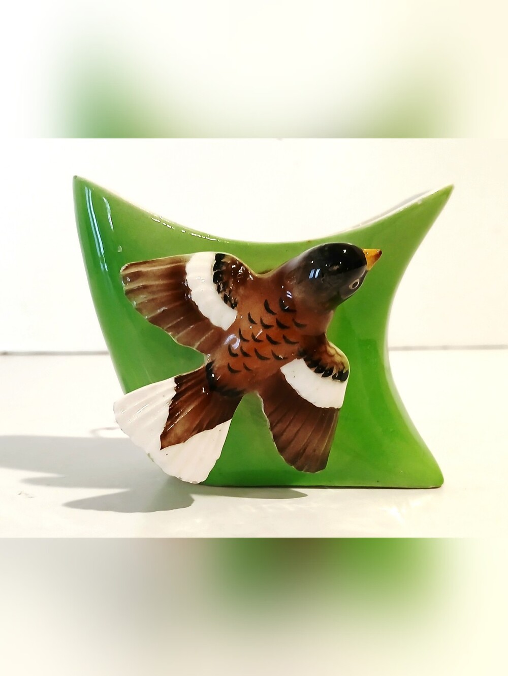 Vintage Green Ceramic Bird Wall Pocket Planter with Decorative Flying Bird